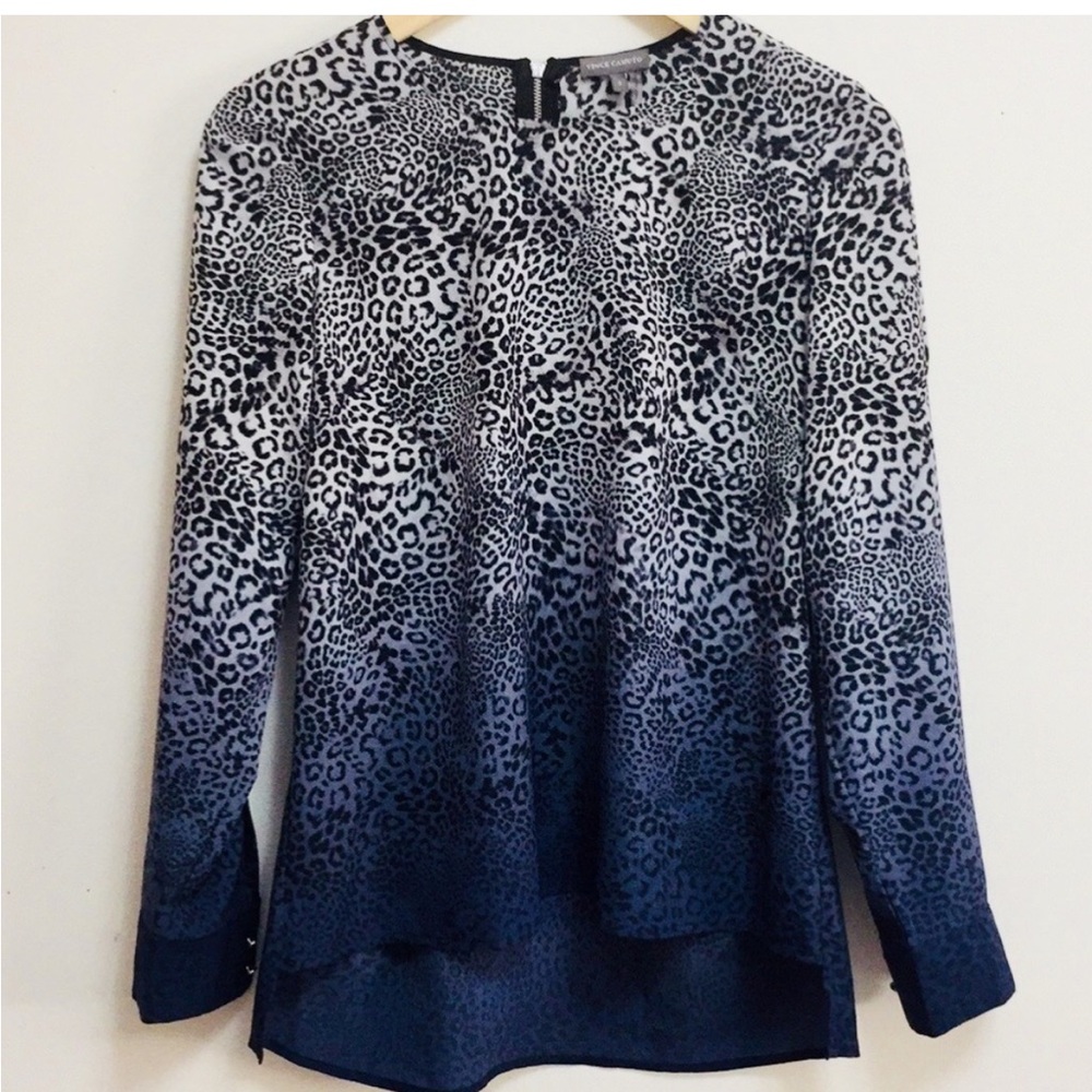 Vince Camuto Leopard Print Gray & Blue Ombré Women's Top Longsleeve Size Small